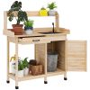 Potting Bench Table with Sink, Outdoor Work Bench Table with Storage Cabinet and Hooks, for Greenhouse, Garden, Patio, Natural Wood