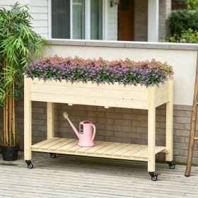 Elevated Wooden Raised Garden Bed 47" X 22" X 33" with Lockable Wheels Storage Shelf And Bed Liner for Backyard Patio Natural