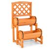 2-Tier Solid Fir Wood Raised Garden Bed with Trellis Cylindrical Planter Box for Climbing Plants