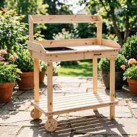 36" Wooden Pottery Workstation Garden Workstation with Sink Drawer and Large Storage Space 2 Removable Wheels