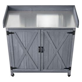 Potting Bench Table, Outdoor Gardening Wooden Storage Cabinet with 36 x 16 in Galvanized Iron Tabletop
