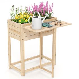 Solid Fir Wood Raised Garden Bed, Foldable Side Table DIY Paintable Planter Box for Herbs