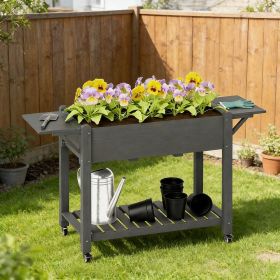 Wood Raised Planter Box, Elevated Garden Bed with Lockable Wheels, Side Tables, Bottom Shelf, Drain Holes, Gray
