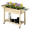 Raised Garden Bed, Wood Planter Box with Lockable Wheels, Side Tables, Bottom Shelf, Bed Liner, Drain Holes, Natural