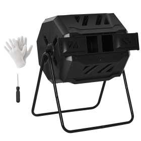43 Gallon (160L) Tumbling Compost Bin Outdoor Dual Chamber 360° Rotating Composter with Sliding Doors, Solid Steel Frame and Gloves, Black
