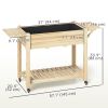 Raised Garden Bed, Wood Planter Box with Lockable Wheels, Side Tables, Bottom Shelf, Bed Liner, Drain Holes, Natural