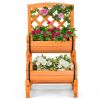 2-Tier Solid Fir Wood Raised Garden Bed with Trellis Cylindrical Planter Box for Climbing Plants