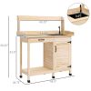 Potting Bench Table with Sink, Outdoor Work Bench Table with Storage Cabinet and Hooks, for Greenhouse, Garden, Patio, Natural Wood
