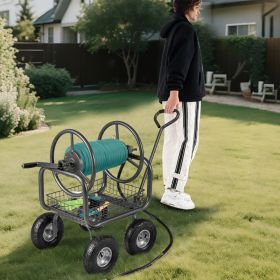 Garden Hose Reel Cart 300 Feet Large Capacity with 4 Wheels and Storage Basket (Color: Gray)
