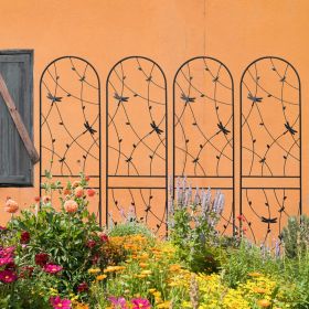 4 Pack Metal Garden Trellis 86.7" x 19.7" Rustproof Trellis for Climbing Plants Outdoor Flower Support Dragonfly Deco Black (Color: as Pic)