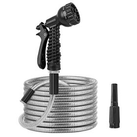 25FT/50FT/100FT Heavy Duty Stainless Steel Garden Hose Garden Watering Kit Metal Water Hose with 2 Nozzles 12 Patterns Flexible Extendable Kink Tangle (Color: Gray, size: 50 ft)