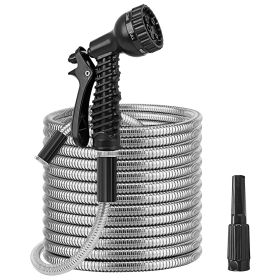 25FT/50FT/100FT Heavy Duty Stainless Steel Garden Hose Garden Watering Kit Metal Water Hose with 2 Nozzles 12 Patterns Flexible Extendable Kink Tangle (Color: Gray, size: 100 ft)