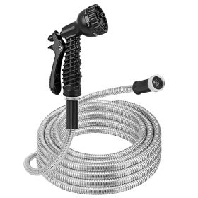 25FT/50FT/100FT Heavy Duty Stainless Steel Garden Hose Garden Watering Kit Metal Water Hose with 2 Nozzles 12 Patterns Flexible Extendable Kink Tangle (Color: Gray, size: 25 ft)