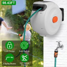 Retractable Garden Hose Reel Wall Mounted Automatic Water Hose Reel with Any Length Lock 8 Pattern Spraying Modes 180° Swivel Bracket (Color: Beige)